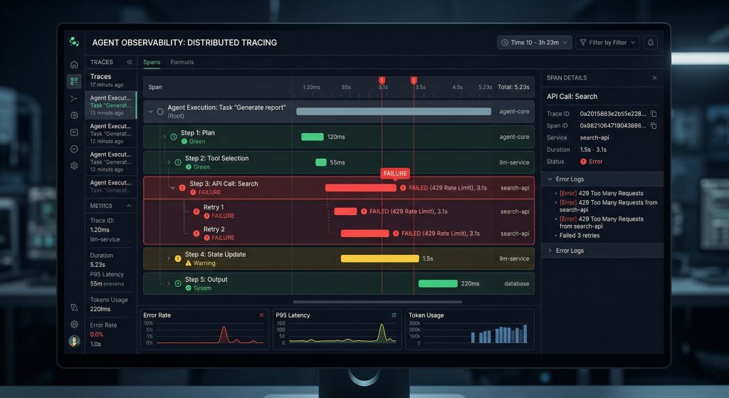 Distributed tracing view of an AI agent execution showing steps plan,tool selection, API call, state update, output, with highlighted failure points and latency bars, dark observability dashboard